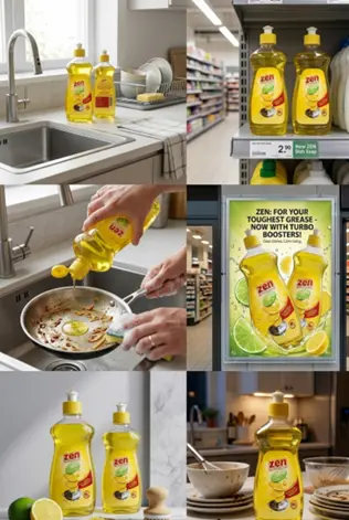 ZEN retail shelf display and promotional poster collage