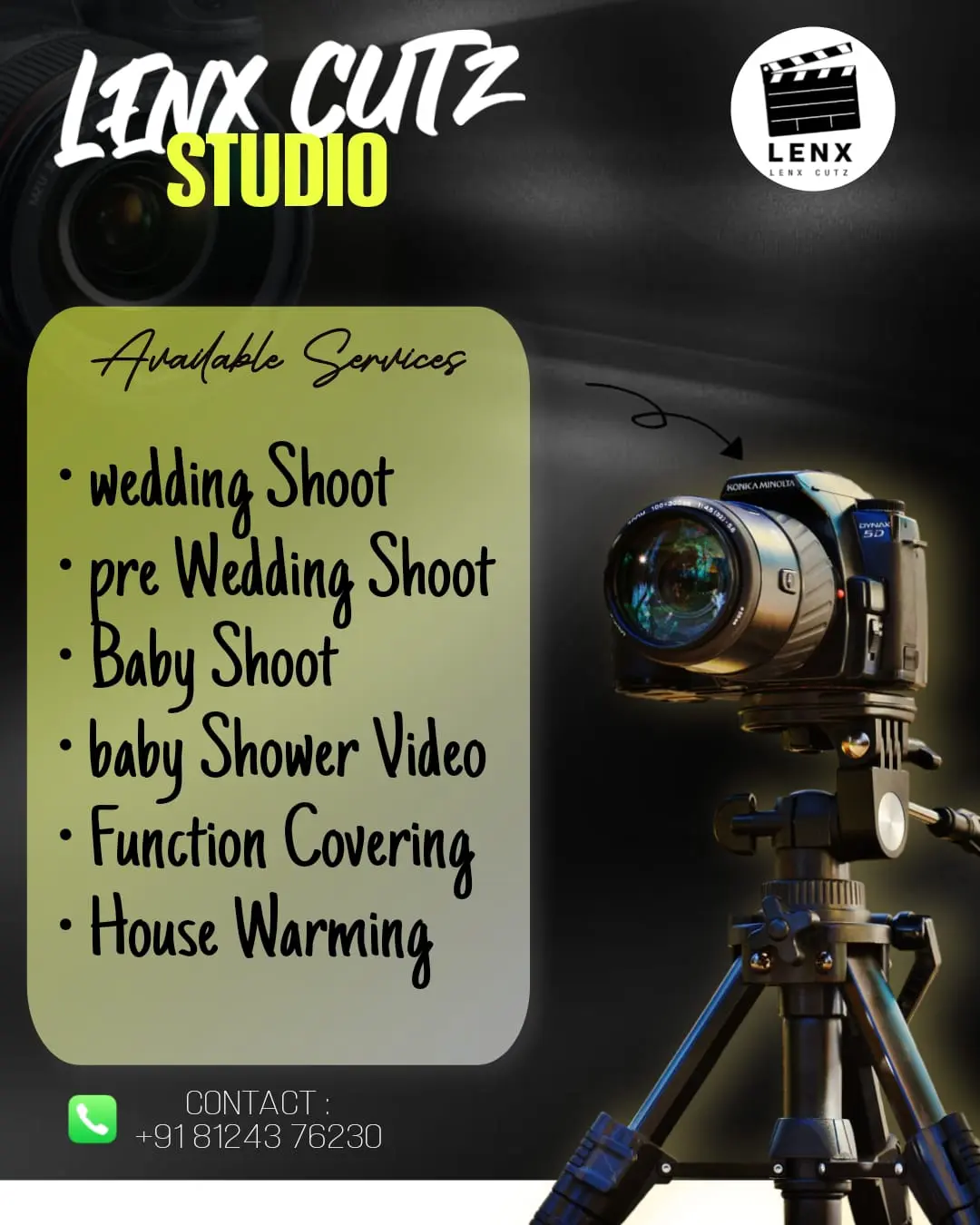Lenx Cutz Studio promotional poster listing available photography and videography services